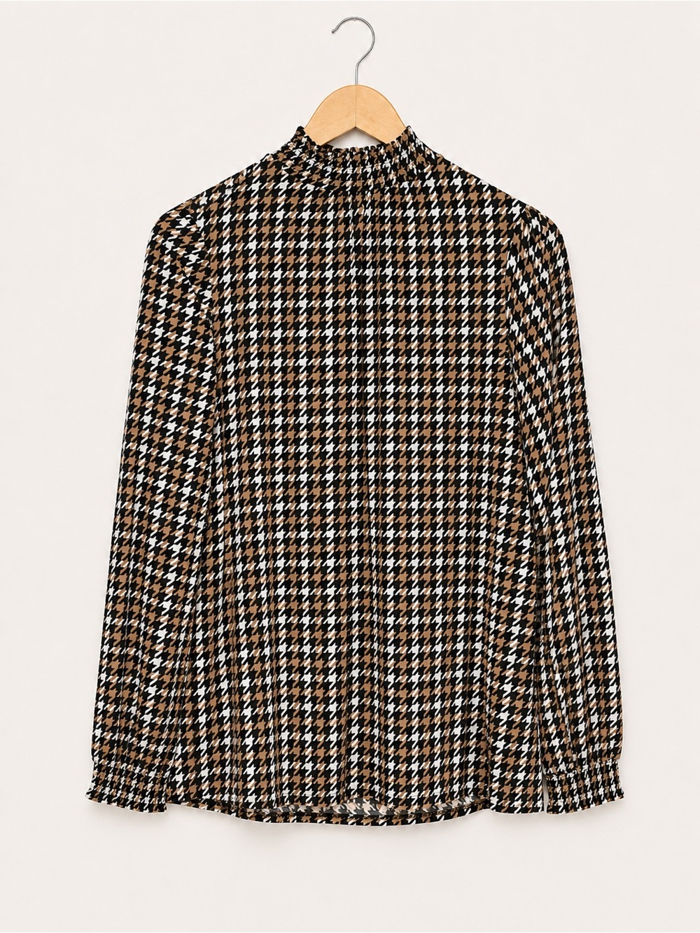 Anne Klein Houndstooth Mock Neck Blouse Women’s Med Black Tan White Long Sleeve